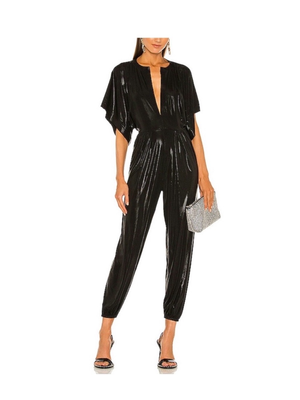 Norma Kamali gunpowder Metallic V-Neck Jumpsuit